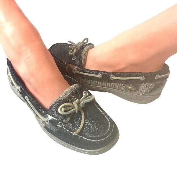 Sperry Top-Sider Black/Brown Leather Women's 8 M Loafer Glitter Bow Slip On Flat - Picture 1 of 11